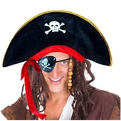Yetişkin Boy Kadife Kaptan Jack Sparrow Korsan Şapkası ve Plastik Korsan Göz Maskesi - 1