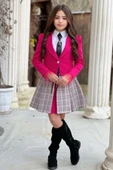 Kız Çocuk Blazer Ceket, Kravat Çizgili Fuşya Etekli Takım thumbnail 4