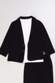 Erkek Çocuk Kruvaze Yaka Kesim Çift Cepli Keten Blazer Ceket Penye T-Shirt Siyah Keten Alt Üst Takı thumbnail 4