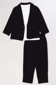 Erkek Çocuk Kruvaze Yaka Kesim Çift Cepli Keten Blazer Ceket Penye T-Shirt Siyah Keten Alt Üst Takı thumbnail 2