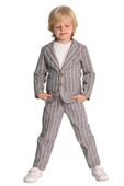 Erkek Çocuk Kruvaze Yaka Kesim Çizgili Keten Blazer Ceket Penye T-Shirt Füme Keten Alt Üst Takım - 7