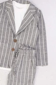 Erkek Çocuk Kruvaze Yaka Kesim Çizgili Keten Blazer Ceket Penye T-Shirt Füme Keten Alt Üst Takım - 3