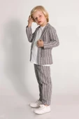 Erkek Çocuk Kruvaze Yaka Kesim Çizgili Keten Blazer Ceket Penye T-Shirt Füme Keten Alt Üst Takım - 6