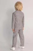 Erkek Çocuk Kruvaze Yaka Kesim Çizgili Keten Blazer Ceket Penye T-Shirt Füme Keten Alt Üst Takım - 5