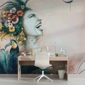 Gülen Kadın Grafitti Tropikal Temalı Duvar Kağıdı - 4