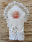 Yenidoğan Hanımeli Desenli Taç Nakışlı Delüks Kundak Bebek Battaniyesi Ekru thumbnail 2