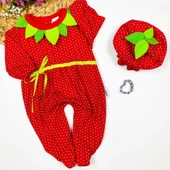 Çilek Bebekler Penye Kumaş Şapkalı Bileklik Hediyeli Uzun Kollu Kız Erkek Bebek Tulumu Kırmızı thumbnail 1