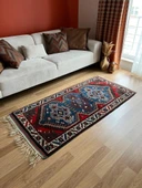 88x174 cm Vintage Mavi Halı, El Dokuma Renkli Oryantal Kilim, Mavi-Kırmızı Nostaljik Uşak Halısı - 2