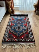 88x174 cm Vintage Mavi Halı, El Dokuma Renkli Oryantal Kilim, Mavi-Kırmızı Nostaljik Uşak Halısı - 5