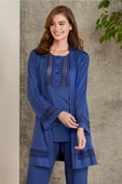 Pierre Cardin 2800 Kadın Lacivert Dantelli Penye 3'lü Sabahlıklı Pijama Takım - 1