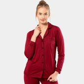 Düz Uzun Kollu Gömlek Yaka Pijama Takım 3365/BORDO - 2