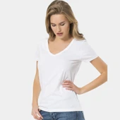 Wtshirt Milano Kısa Kol Derin V Yaka Kadın T-shirt Beyaz - 2