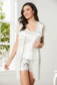 Pierre Cardin Ekru Saten Dantelli 3'lü Kadın Sabahlık-Şort Takım 2480 - 1