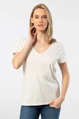 Wtshirt Milano Kısa Kol Derin V Yaka Kadın T-shirt Krem - 1