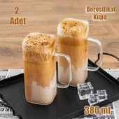 Porsima 2'li Borosilikat Isıya Dayanıklı Latte Bardağı Su Bardağı Sunumluk Cam Kupa Bardak 2 Adet 380 ml - 1
