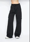 Kargo Cepli Palazzo Oversize Kesim İki Iplik Bol Paça Eşofman Altı Pantalon - Siyah - 2