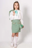 Kız Çocuk Gold Şerit Detaylı Blazer Ceket Yakası Asimetrik Kesim Gömlek Triko Yeşil Etekli Takım thumbnail 5