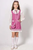 Kız Çocuk Kolları ve Yakası Şifon Etek Ucu Fırfırlı İnci İşlemeli Çift Cepli Pembe Triko Elbise thumbnail 1