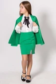 Kız Çocuk Elmas Taş Detaylı Hakim Yaka Blazer Ceket Kol Uçları Taş Düğme Gömlek Yeşil Etekli Takım - 5