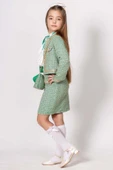 Kız Çocuk Gold Şerit Detaylı Blazer Ceket Yakası Asimetrik Kesim Gömlek Triko Yeşil Etekli Takım thumbnail 6