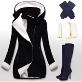 Kaşmir Kapüşonlu Günlük Şık Kaşe Kışlık Kadın Kaban - 1