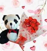 Sevimli Peluş Panda ile Premium Yumoş Kırmızı Peluş Ayıcık Buketi - 1