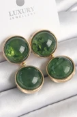 Pirinç Gold Renk Sallantı Yeşil Mineli Daire Model Kadın Küpe - 1