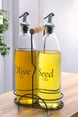 Digithome Aura 2'li Siyah Metal Standlı Ahşap Saplı Yağdanlık Seti Şeffaf Etiketli Cam Yağlık 1000 Ml CYS-19 - 1