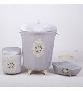 Bonny Home Shems Gri 3lü Kadife Çeyizlik Dantelli Banyo Kirli Çamaşır Sepeti Seti - 3
