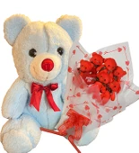 Sevimli 35 cm Peluş Ayı ile Premium Yumoş Kırmızı Peluş Ayıcık Buketi - 9