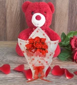 Sevimli 35 cm Peluş Ayı ile Premium Yumoş Kırmızı Peluş Ayıcık Buketi - 2