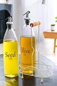 Digithome Aura 2'li Krem Metal Standlı Ahşap Saplı Yağdanlık Seti Şeffaf Etiketli Cam Yağlık 1000 Ml CYS-20 - 3