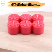 Baton Mum Mini 6'lı Kırmızı Silindir Dekoratif Mumu Kandil Hediyelik Fitilli Mumlar Şamdan Kokusuz - 1