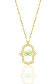 Gümüş altın yaldızlı turkuaz ve zirkon taşlı koruyucu hamsa el kolye SGTL12669GOLD - 1