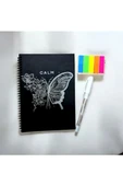 Siyah Yapraklı Defter Spiralli 14x20 Ve Beyaz Kaliteli Jel Kalem ve postit hediyelidir - 1