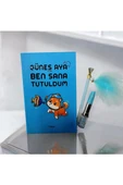 MAVİ yazılı sözlü sert kapak Hatıra Defteri Günlük Anı defteri taşlı tüylü kalem ve ruj kalem - 1