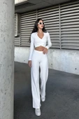 Kruvaze Zincir Detaylı Crop Bluz Palazzo Bol Paça Pantolon Kaşkorse Alt-Üst Takım - 1