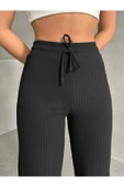 Siyah Kadın Palazzo Fitilli Bol Paça Kaşkorse Eşofman Altı - 4