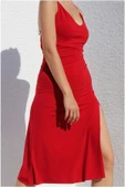 Kadın Kırmızı Sırt Dekolte Yırtmaçlı Gecelik Elbise - 4