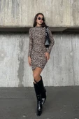 Leopar Desenli Süet Dik Yaka Mini Elbise - 7