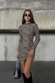 Leopar Desenli Süet Dik Yaka Mini Elbise - 2