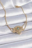 316L Çelik Gold Renk Mavi Taşlı Etnik Desen Kadın Bileklik - TJ-BB6437 - 1