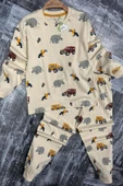 Erkek Çocuk Üzerinde Fil ve Papağan Digital Baskılı Krem Pijama Takımı - 5
