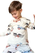 Erkek Çocuk Üzerinde Helikopter ve Araba Digital Baskılı Krem Pijama Takımı - 7