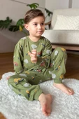Erkek Çocuk Üzerinde Fil ve Papağan Digital Baskılı Yeşil Pijama Takımı - 2