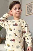 Erkek Çocuk Üzerinde Fil ve Papağan Digital Baskılı Krem Pijama Takımı - 3