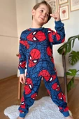 Erkek Çocuk Ağ ve Örümcek Adam Kafa Baskılı Lacivert Pijama Takımı thumbnail 2