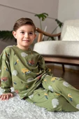 Erkek Çocuk Üzerinde Fil ve Papağan Digital Baskılı Yeşil Pijama Takımı - 3