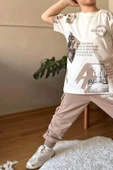 Erkek Çocuk Kargo Cepli ve Design Baskılı Bej Eşofman Takım - 3