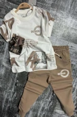Erkek Çocuk Kargo Cepli ve Design Baskılı Bej Eşofman Takım - 4